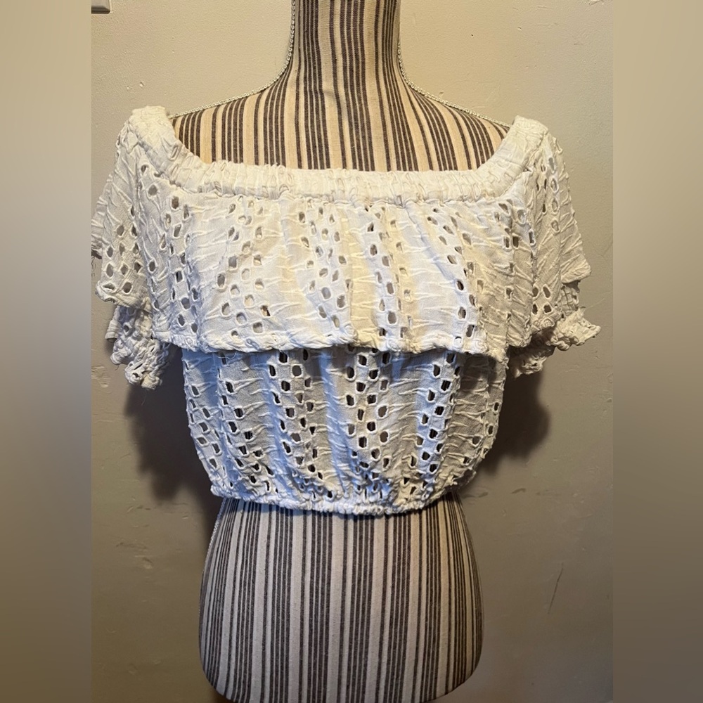 Free People That Girl Off The Shoulder Eyelet Cropped Top Gold Tag White XS - Picture 2 of 13